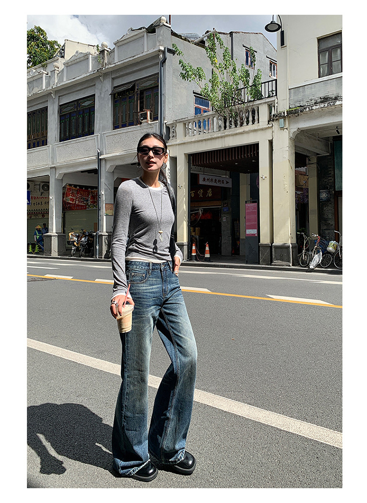 【今茵】新款美式复古水洗做旧中低腰无弹微宽松喇叭拖地牛仔裤女详情7