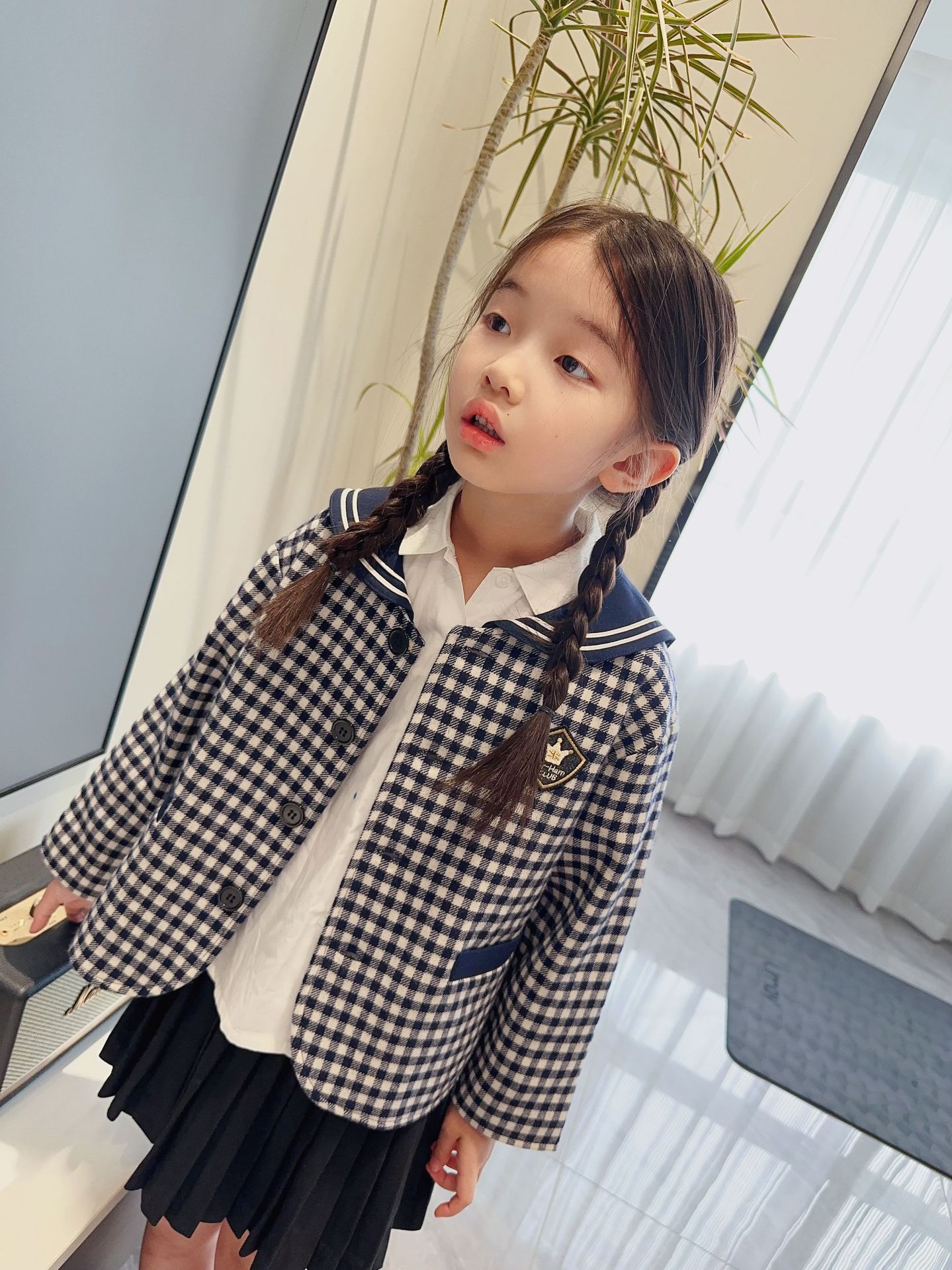 伯明翰学院海军同款外套 澳洲羊毛格子海军风领女童徽章小外套详情8