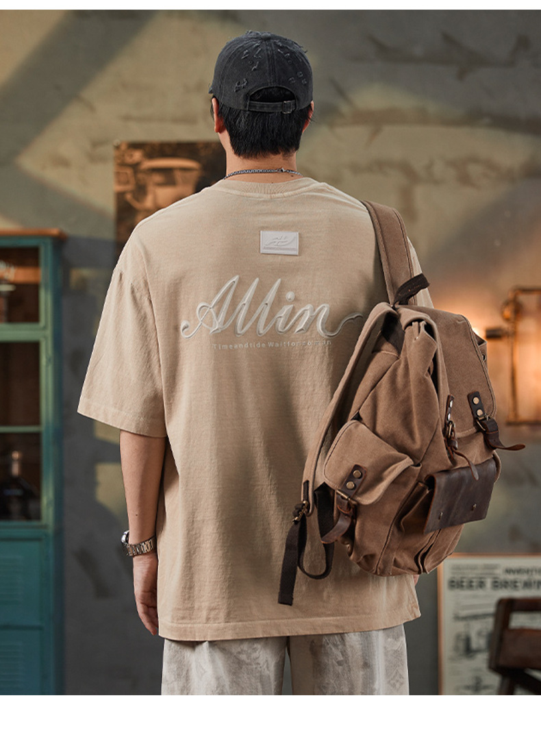 ALLIN pure cotton heavy-duty short-sleeved T-shirt for men, a summer trendy brand with three-dimensional printed letters and loose round-neck couple tops pic 34