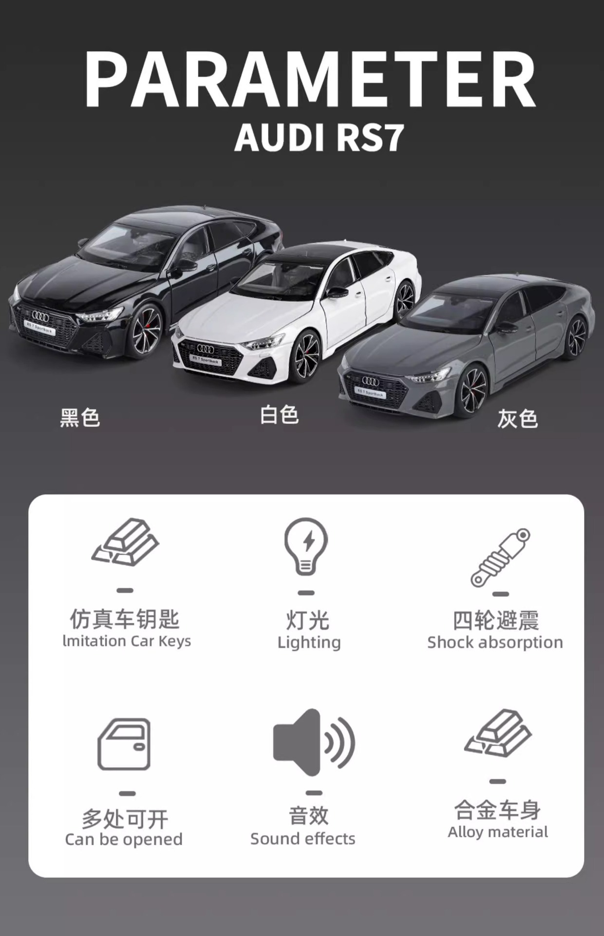 Official authorized 1:18 Audi RS7 alloy sound and light Rebound car six-door model Toy car model, boy gift car model pic 5