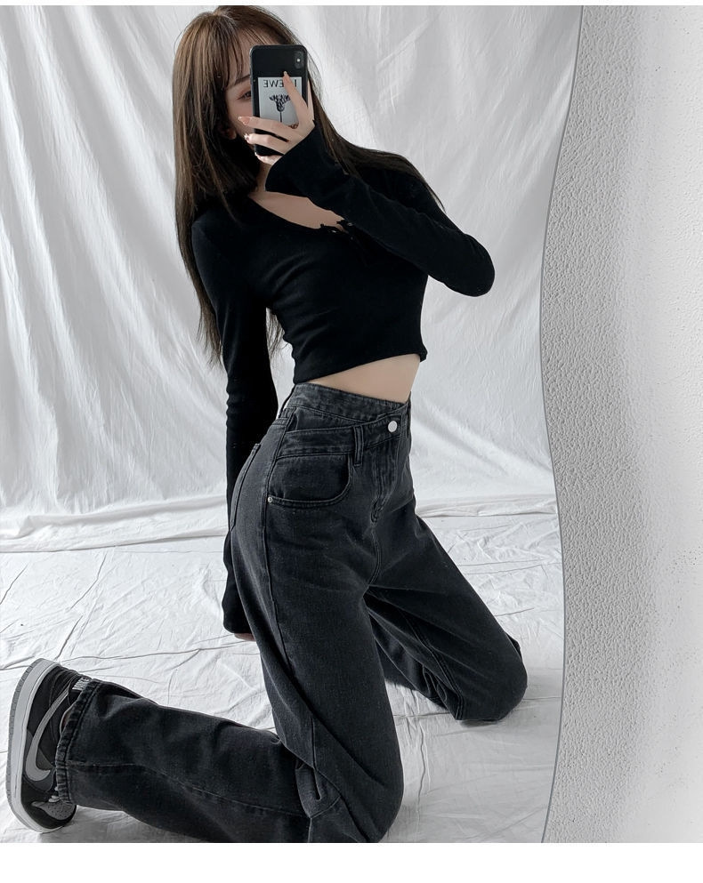 Irregular loose straight-leg jeans are versatile for women. Regular slanted high-waisted pants that make you look petite. Wide-leg floor-length pants pic 18