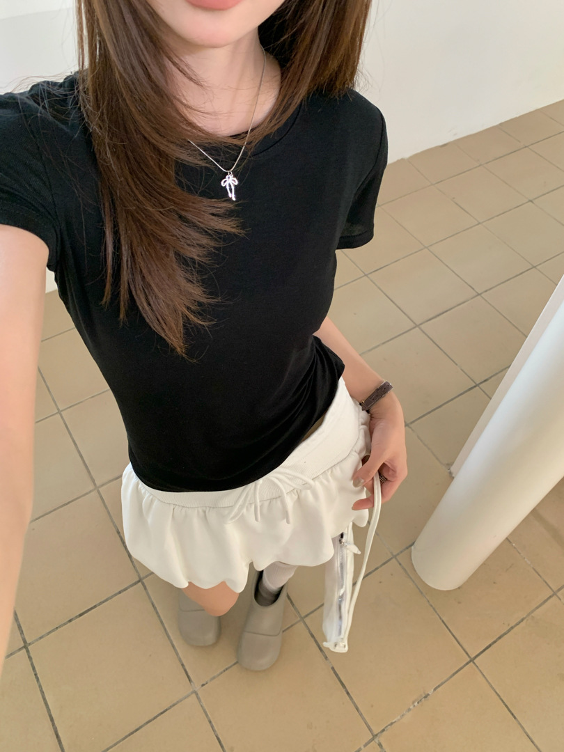 GAGD Tencel wool shoulder short-sleeved T-shirt for women, Millennium, sweet and cool, waist-tightening sport short-sleeved T-shirt top for spring pic 27