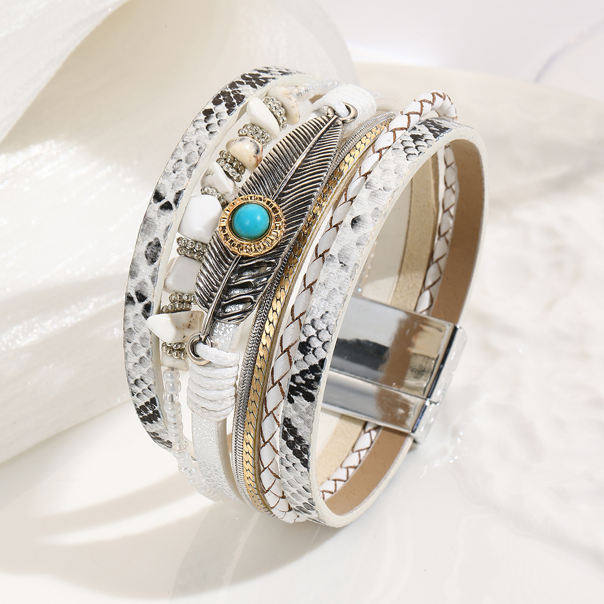 跨境翡翠波西米亚碎石羽毛手链复古绿松石磁铁扣手镯详情10