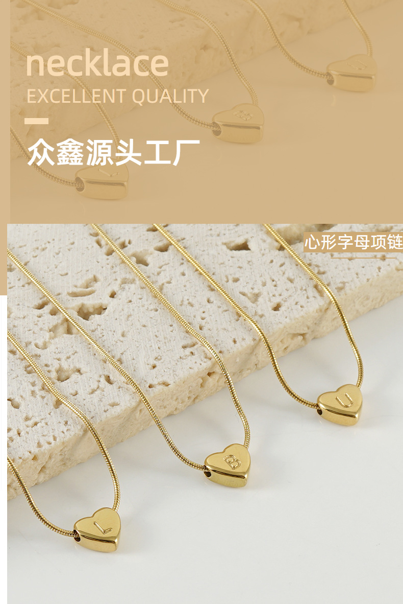 Cross-border European and American stainless steel heart-shaped letter pendant for women, 18k fashionable and versatile snake bone chain letter titanium steel necklace for women pic 11