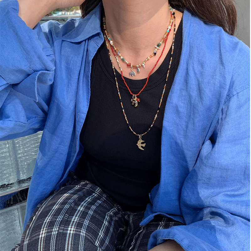 天然石混石小象项链女小众时尚高级感彩色串珠银色大象吊坠锁骨链详情6