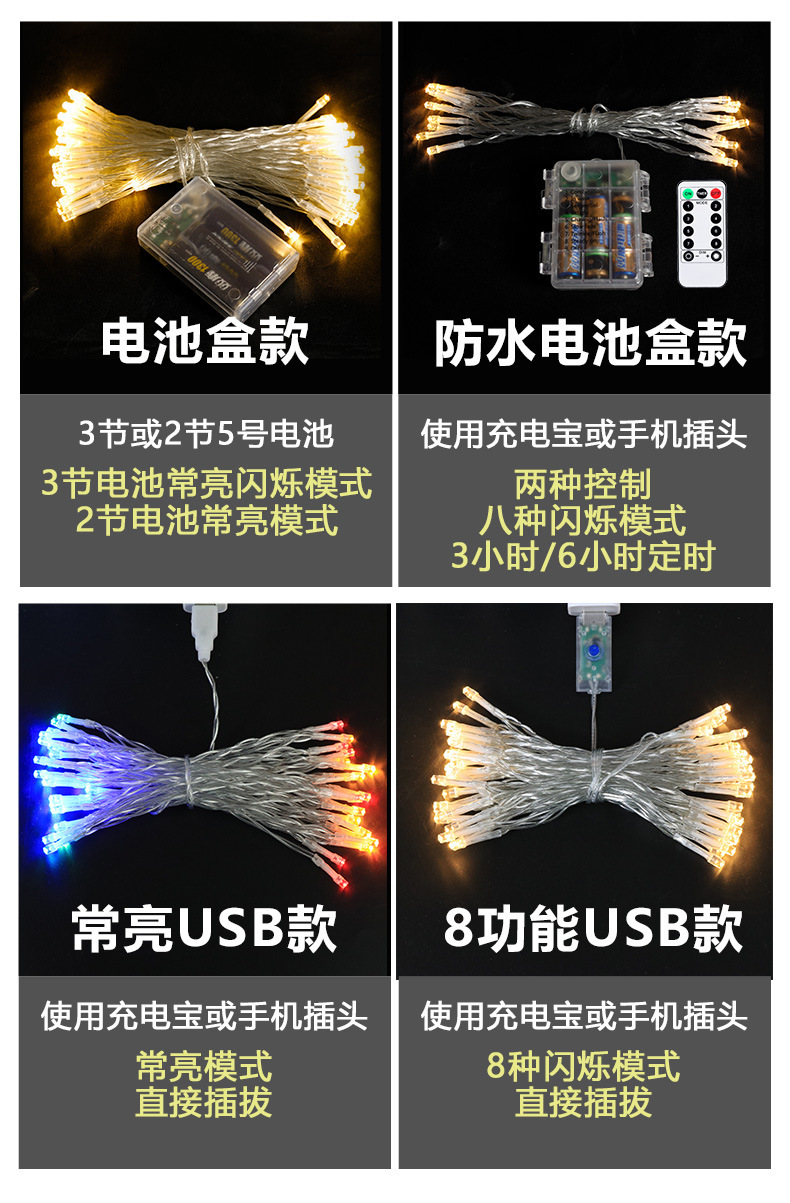 跨境LED灯串防水电池盒带遥控8功能USB圣诞节日灯串彩灯厂家批发详情4
