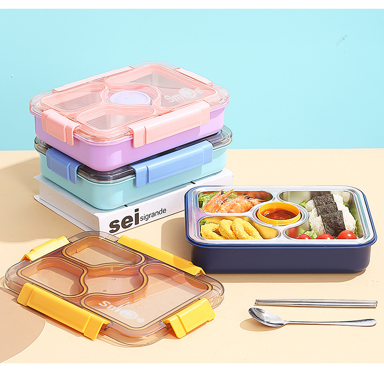 Simple Japanese-style four-compartment lunch box with bowl, 304 stainless steel sealed lunch box, portable lunch box for students and office workers, with spoons and chopsticks pic 30