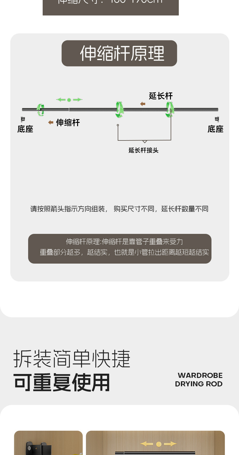 批发伸缩晾衣杆不锈钢单杆开口法兰座浴帘杆衣柜挂衣杆阳台晾晒杆详情10