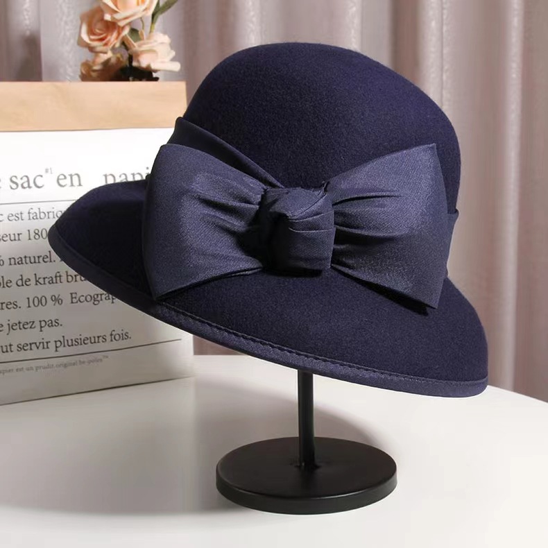 法式赫本风优雅蝴蝶结钟形盆帽渔夫帽英伦复古绵羊毛礼帽 WHZM08详情7