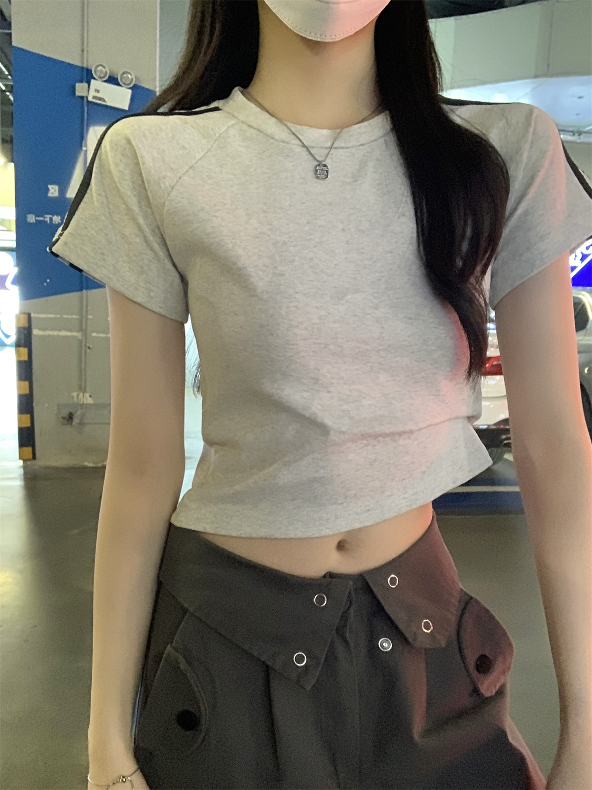 美式2024夏季新款韩版圆领修身插肩杠条显瘦百搭短袖T恤女装上衣详情23