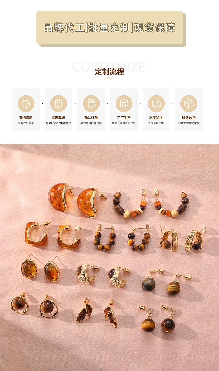 秋冬时尚百搭暖咖色系虎眼石耳环美拉德耳饰小众高级感耳钉女批发详情2