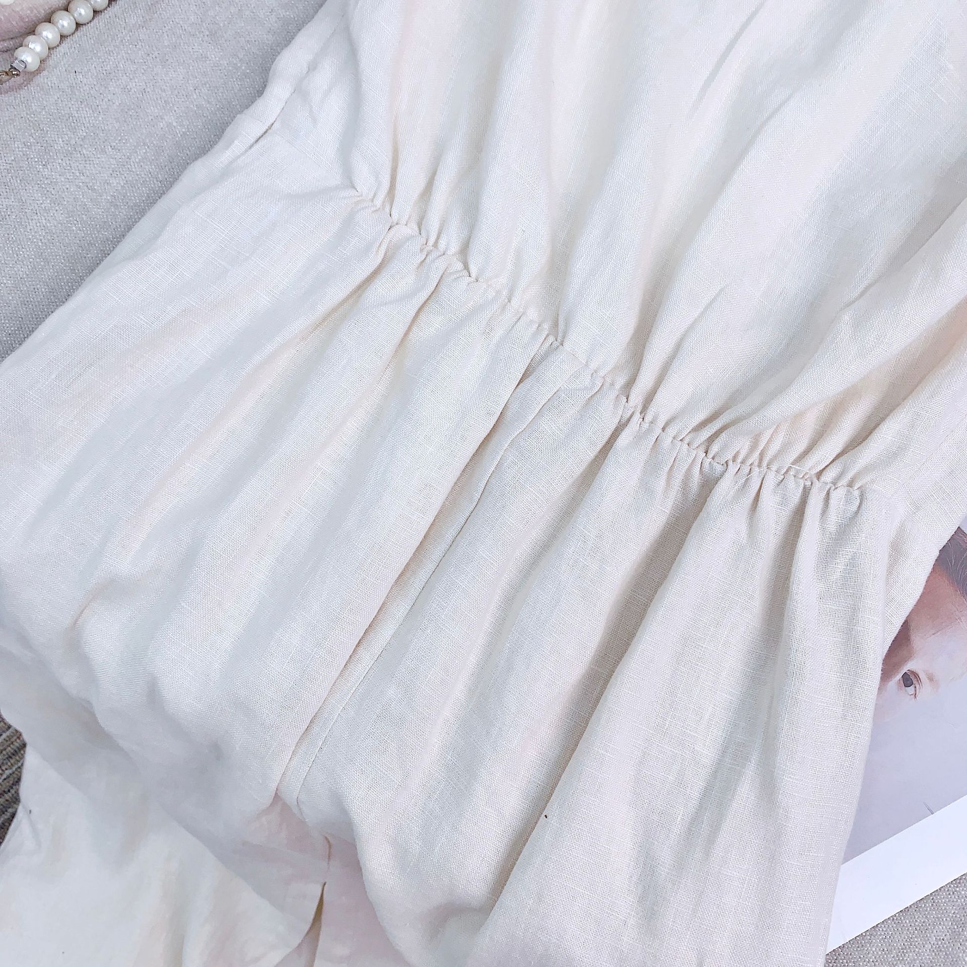 High-count pure linen French vacation-style design off-the-shoulder dress, new Chinese-style dress in stock pic 13