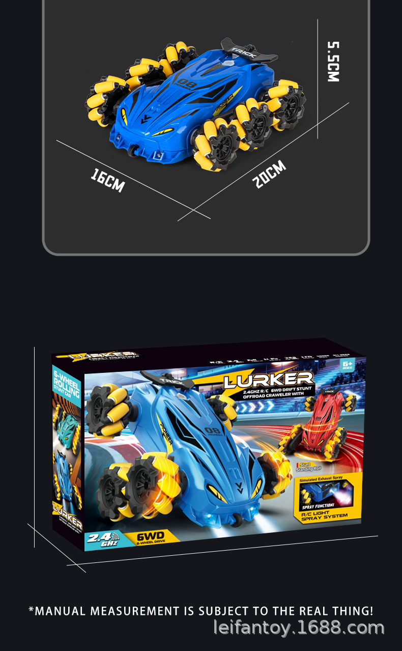 New six-wheel swing arm side vehicle, spray drift stunt remote control car, colorful music and light car, children's toy pic 13