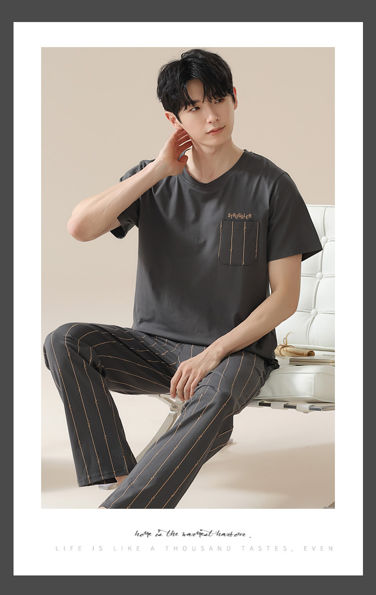 Summer pure cotton pajamas for men, cartoon casual short-sleeved shirts and long pants, pure cotton comfortable home wear, summer youth student set pic 54