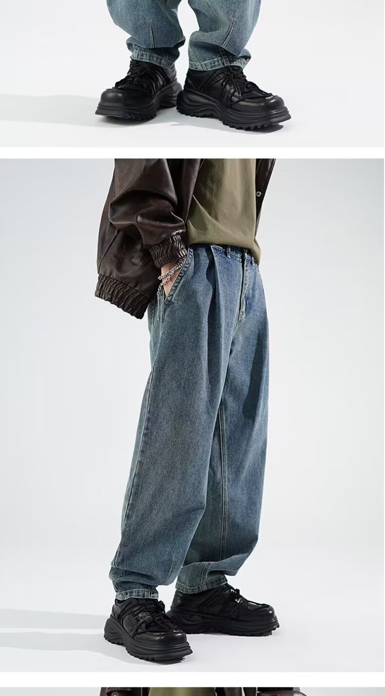 FUIV American-style jeans for men, washed and aged, high street straight, loose, trendy brand wide-leg long pants for men pic 12