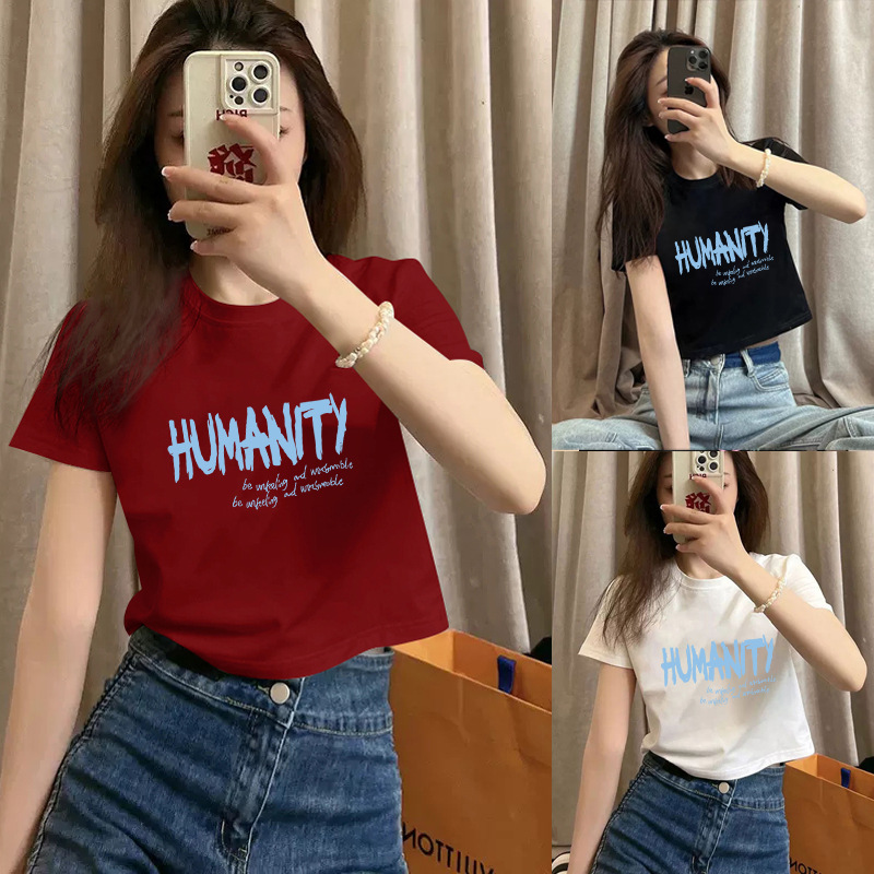 Pure cotton short-sleeved T-shirt for women, new summer style, high-waisted short, spicy girl style, slimming and petite, round-neck base layer pic 1