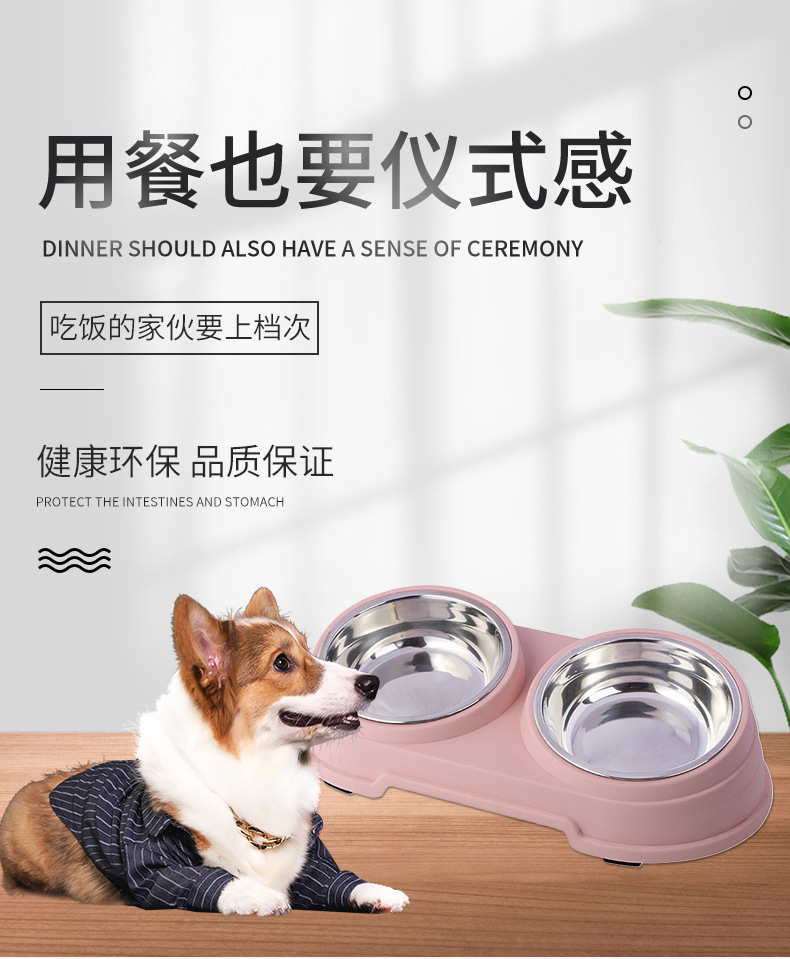 New tilted large double-bowl pet stainless steel dog bowl, pet cat and dog basin in color box pic 1