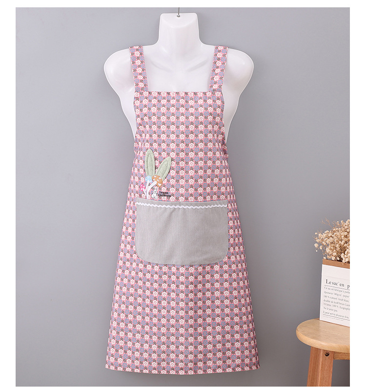 Cotton and linen mushroom rabbit flower H-shaped home apron, breathable large pocket waistband, kitchen cooking, oil-proof baking shoulder strap apron pic 13