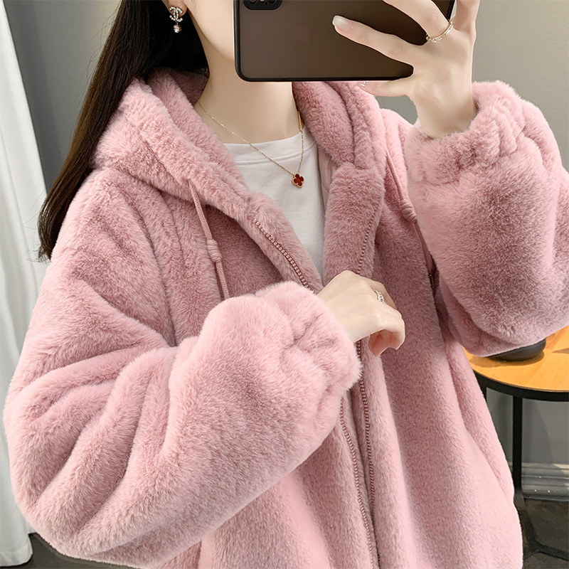 跨境冬仿懒兔毛皮草女中长款宽松加厚羊羔毛大衣连帽毛毛绒外套详情6