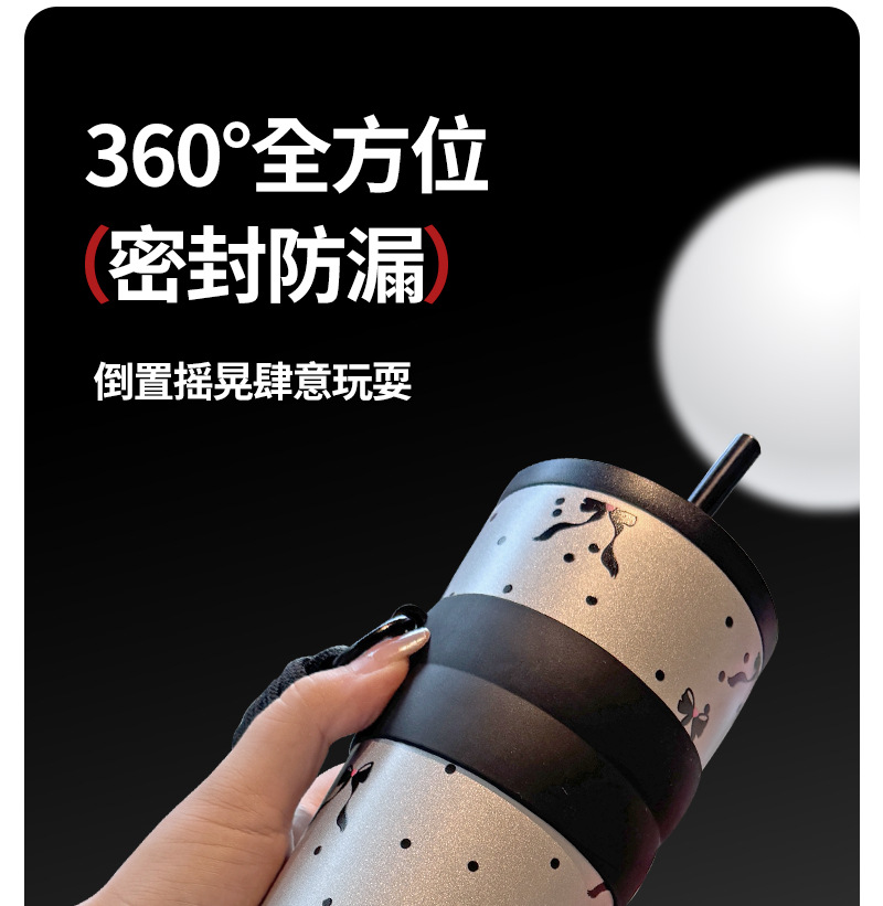 新款不锈钢咖啡杯提绳吸管杯小清新图案女生高颜值保温杯便携水杯详情10