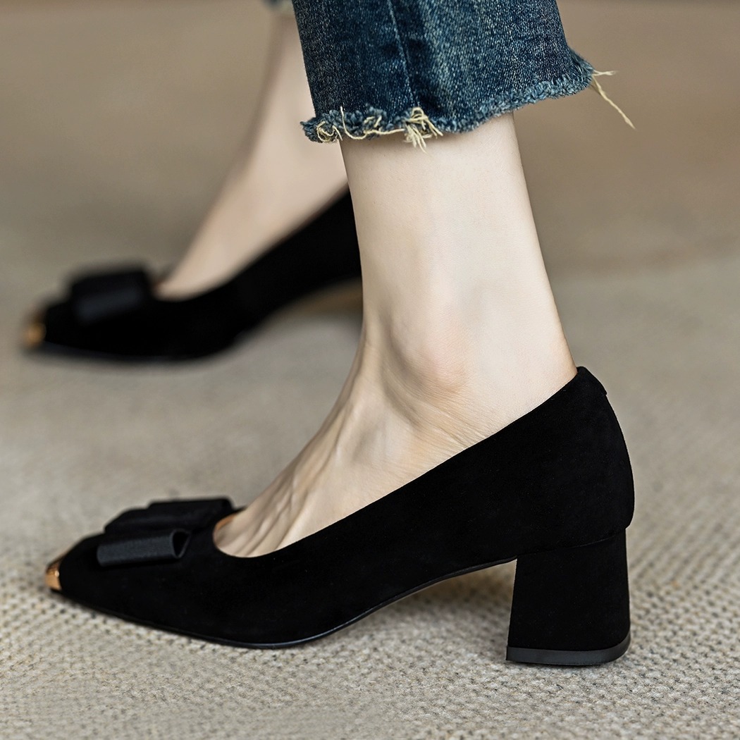 法式复古时尚蝴蝶结浅口单鞋女春秋新款方头中跟粗跟百搭高跟瓢鞋详情9
