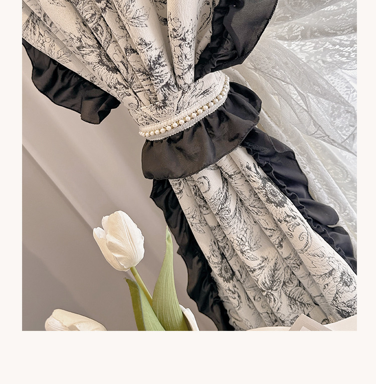 Finished product of French retro Chenille jacquard black and white American Rococo lace blackout bedroom and living room bay window pic 24