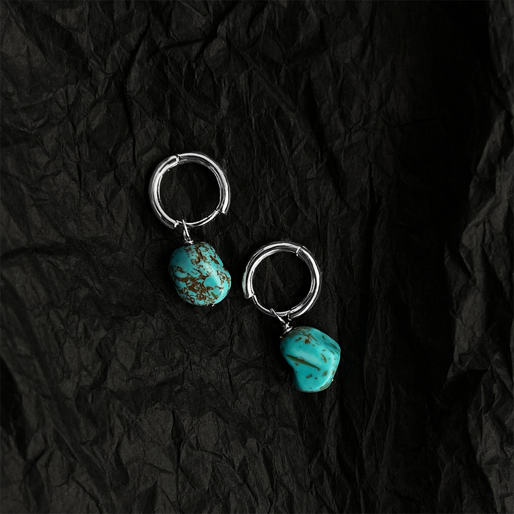 Original design sense, ethnic style, handcrafted synthetic turquoise, artistic and retro, irregular and irregular-shaped earrings, factory earrings pic 4