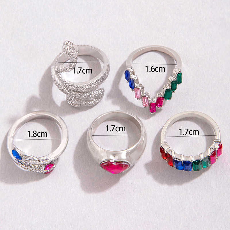 欧美流行饰品戒指手饰 蛇形爱心仿绿宝石镶钻ins风五件套戒指女详情34