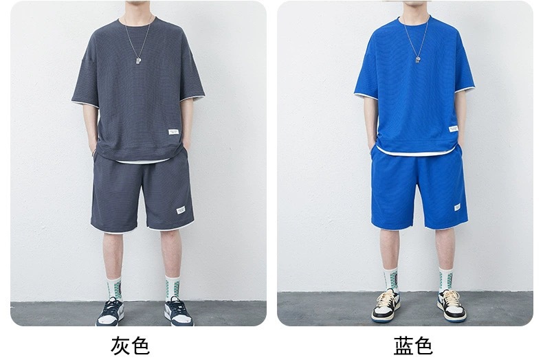 华夫格休闲套装男士夏季青少年大码男装运动短袖短裤搭配一套T恤详情19