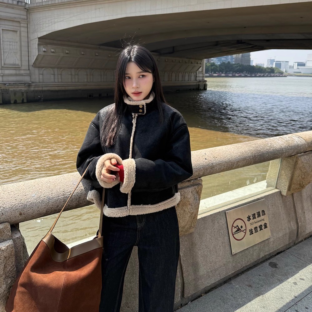 对白气质立领短款风衣外套女2024秋装新款抽绳高级感通勤皮衣夹克详情14