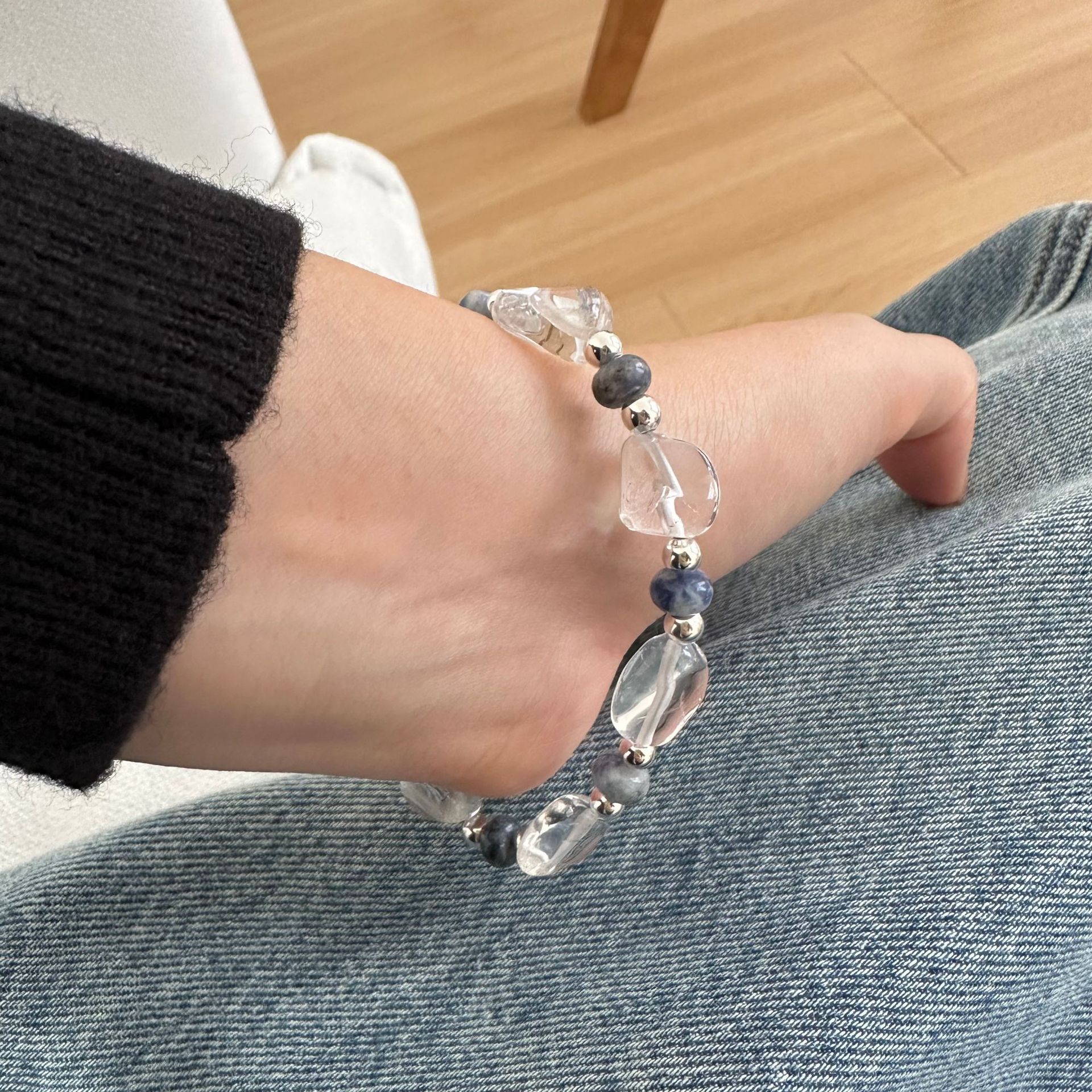 925 sterling silver irregular crystal spotted silver bead bracelet for women, simple handcrafted design, versatile beaded bracelet B3238 pic 5