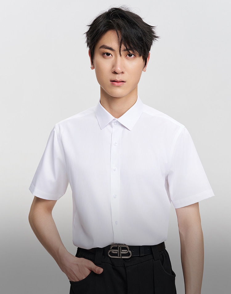 天丝棉男士衬衫短袖高级感夏天易打理职业通勤白色衬衣工装女批发详情5