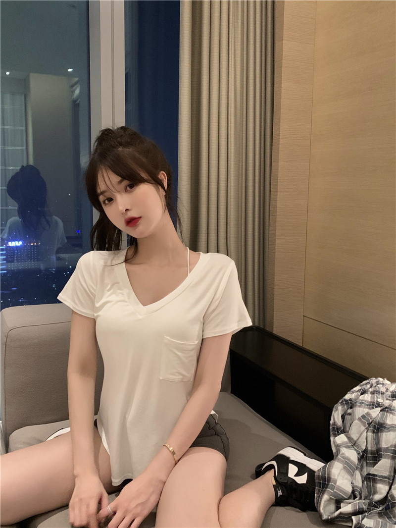 T恤女2024夏季新款v领设计感内搭打底衫不规则辣妹欲风短袖上衣详情14