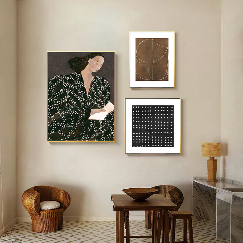 Swedish niche living room sofa background decorative painting, Nordic corridor retro artistic combination hanging painting, abstract entrance painting pic 3