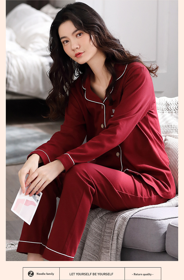 T春秋款睡衣套装纯色纯棉睡衣女士长袖开衫加大码加肥家居服外穿详情2
