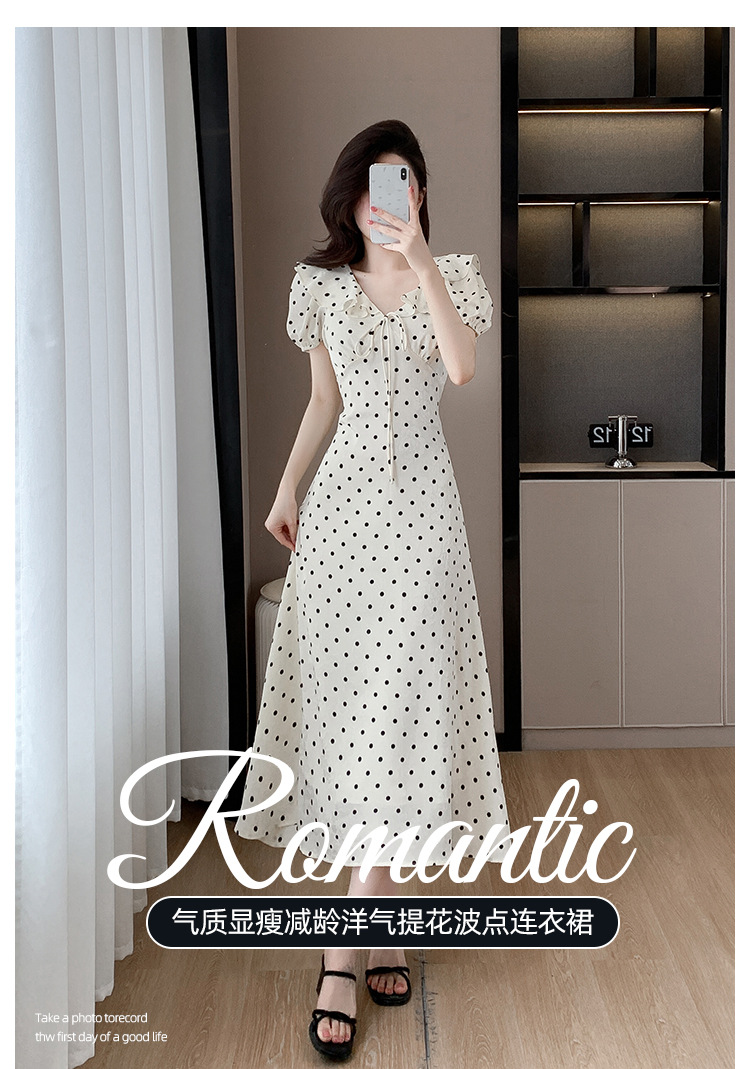 High-quality summer Korean-style sweet and slimming dress with lotus leaf collar, waist-cinching tie, puffed sleeves and jacquard polka dot pic 1