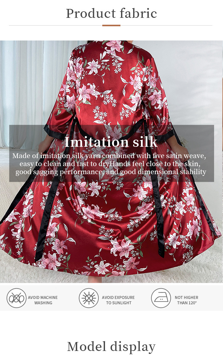 雅尼纺YANNI跨境加肥加大码睡衣女时尚休闲宽松印花睡衣女长款仿真丝性感睡裙 中东南美外贸出口批发详情4