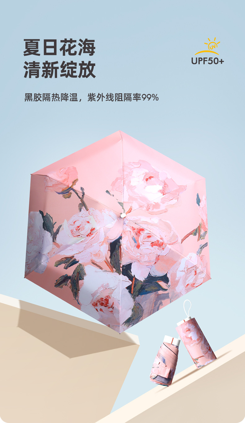 Printed flat five-fold umbrella, sun umbrella, female illustration, hand-drawn style, five-fold sunshade, small and portable folding umbrella pic 1