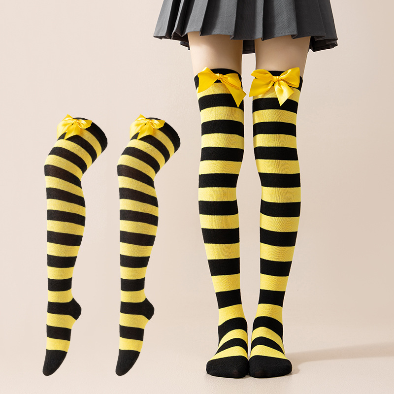 New European and American Halloween and Christmas knee-high socks, single-color striped thigh-high socks with bows, available in multiple colors pic 15