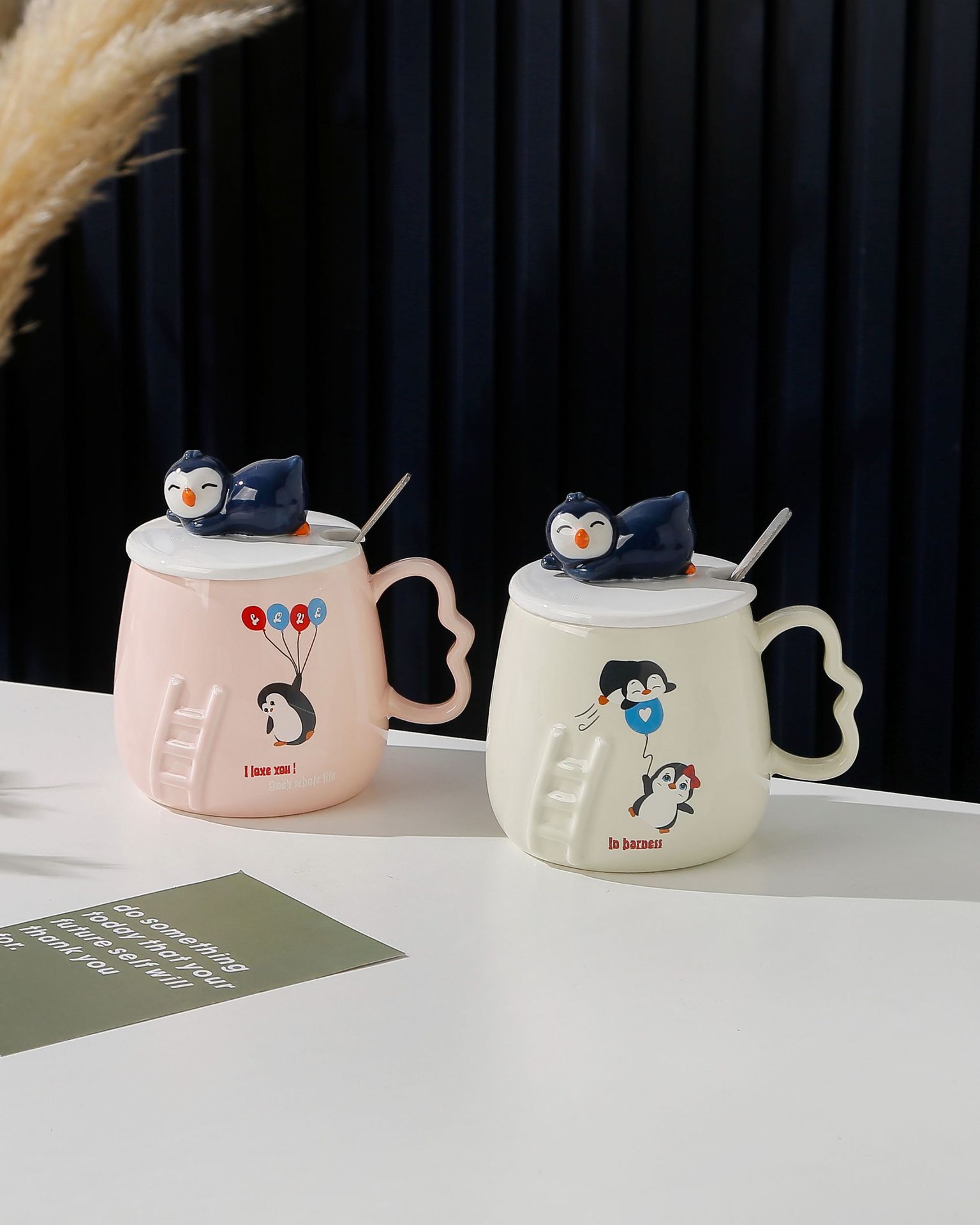 Ceramic cup with lid, creative cartoon three-dimensional relief penguin mug, office home, student gift and souvenir pic 4