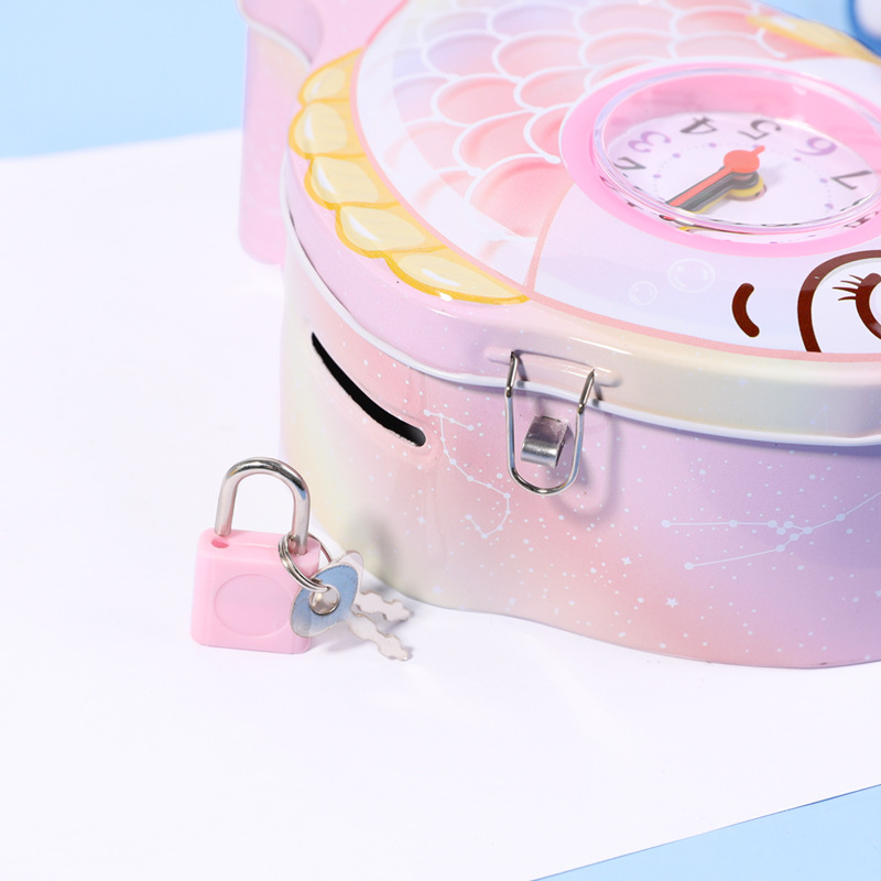 创意鲤鱼形状马口铁时钟存钱罐儿童储蓄罐家居摆件零钱收纳盒详情11