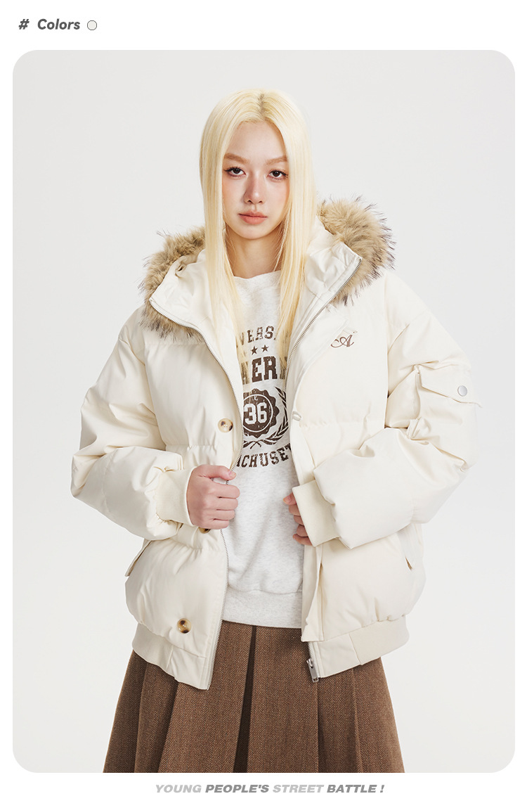 CATTEE美式复古90白鸭绒毛领连帽羽绒服男女冬季防寒保暖短外套潮详情9