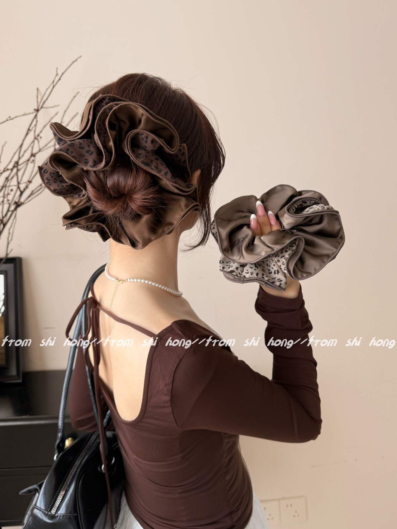 韩版四层锁边AB面双拼豹纹发圈气质百搭丸子头头花时尚发绳扎头绳详情3