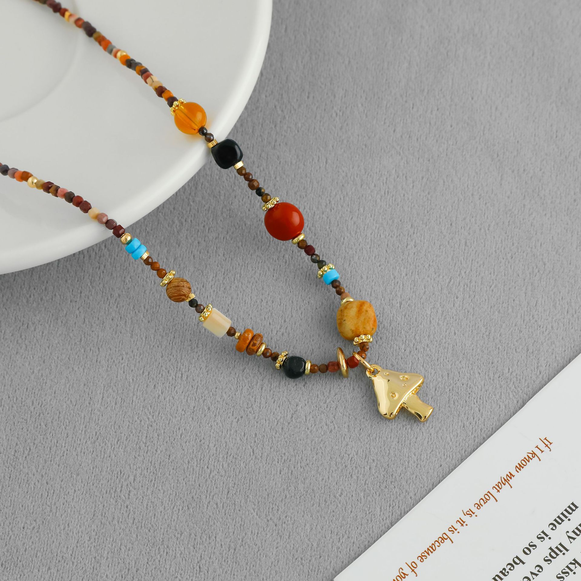 LAZY*家蘑菇彩石项链 夏季爆款简约叠戴天然石日出蘑菇串珠锁骨链详情9