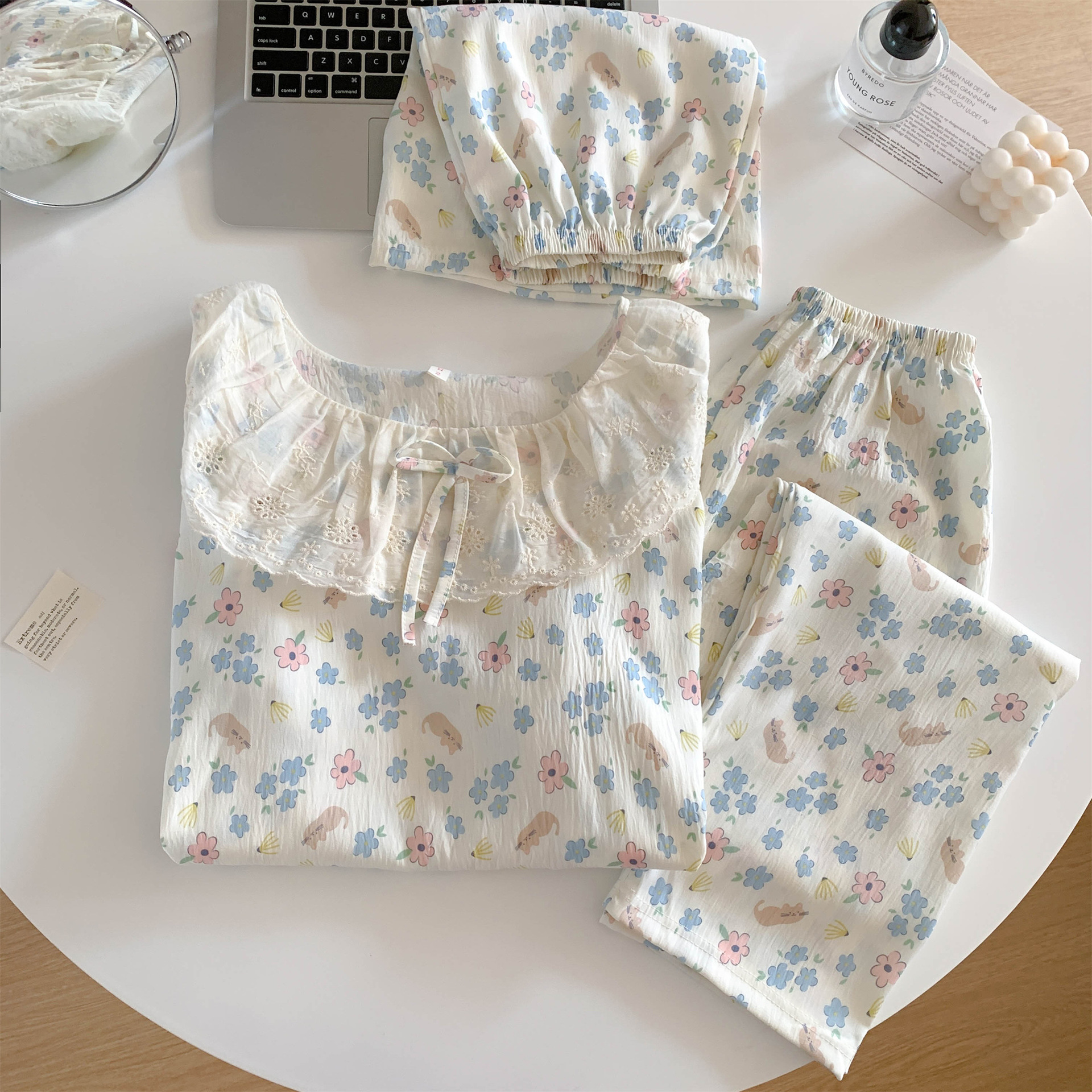 圆领大翻领花边云朵棉睡衣女春秋短袖短裤长裤甜美家居服女套装详情7