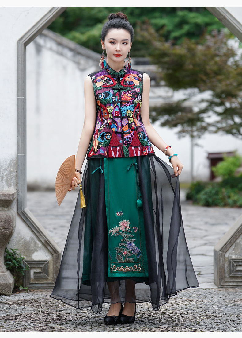 Ethnic style, new Chinese-style national trend, Tencel elastic waist, large swing skirt, long skirt, embroidered flower horse face skirt, A-line skirt pic 11