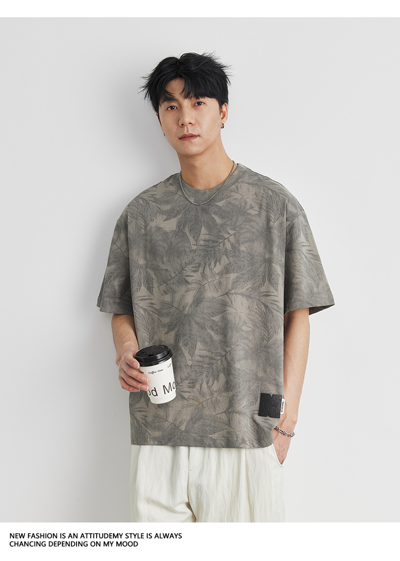 亦止男装港风复古树叶满印重磅短袖T恤男夏季新款潮牌痞帅打底衫详情20