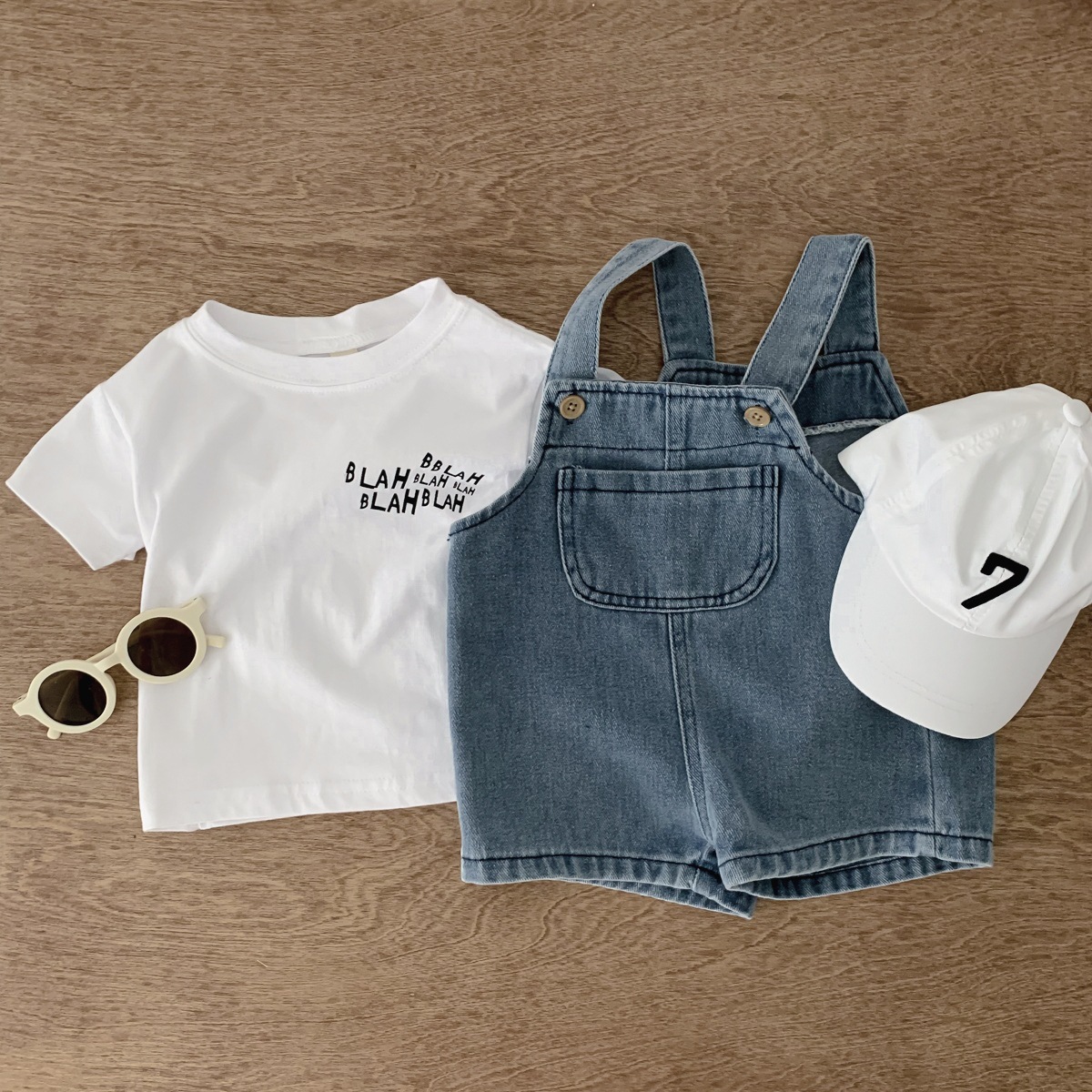 Bebé denim tirantes shorts conjunto 2025 nuevo niño blanco camiseta hombre niña verano fino dos piezas pic 13
