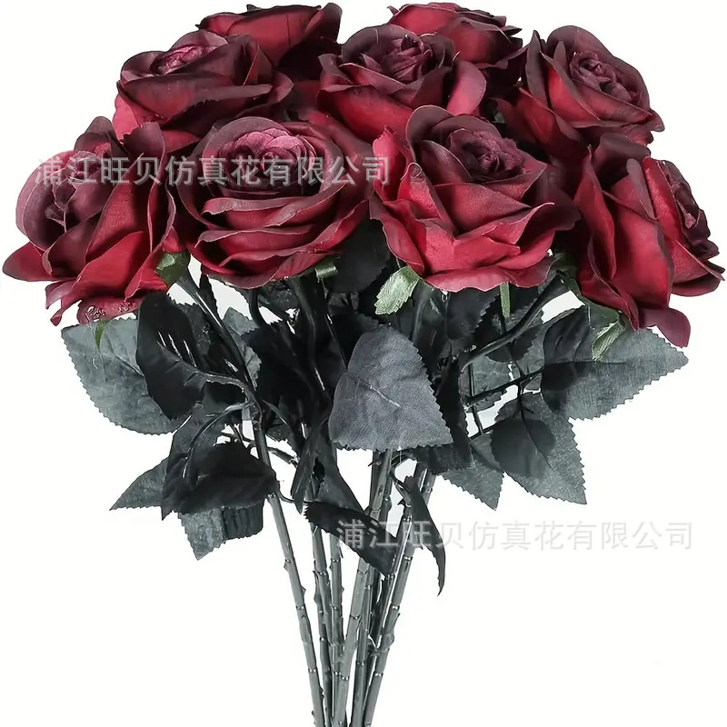 跨境热销仿真黑色玫瑰花万圣节鬼节装扮假花哥特风黑暗系列花材详情3