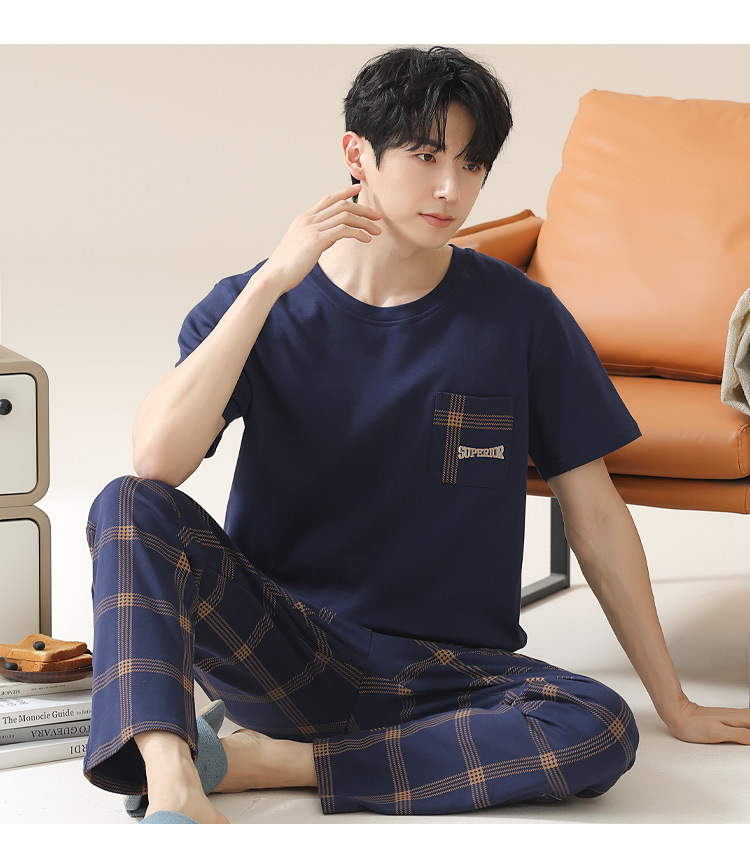 Summer pure cotton pajamas for men, cartoon casual short-sleeved shirts and long pants, pure cotton comfortable home wear, summer youth student set pic 7